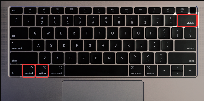 Mac keyboard showing Control, Option and Delete keys highlighted
