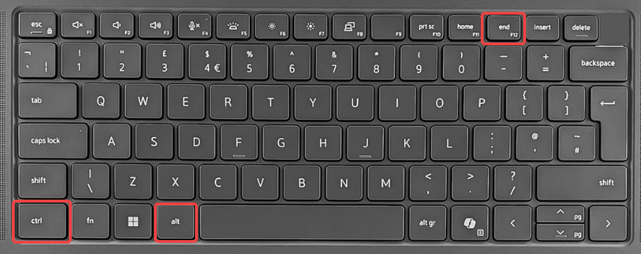 Windows keyboard showing Ctrl, Alt and End keys highlighted